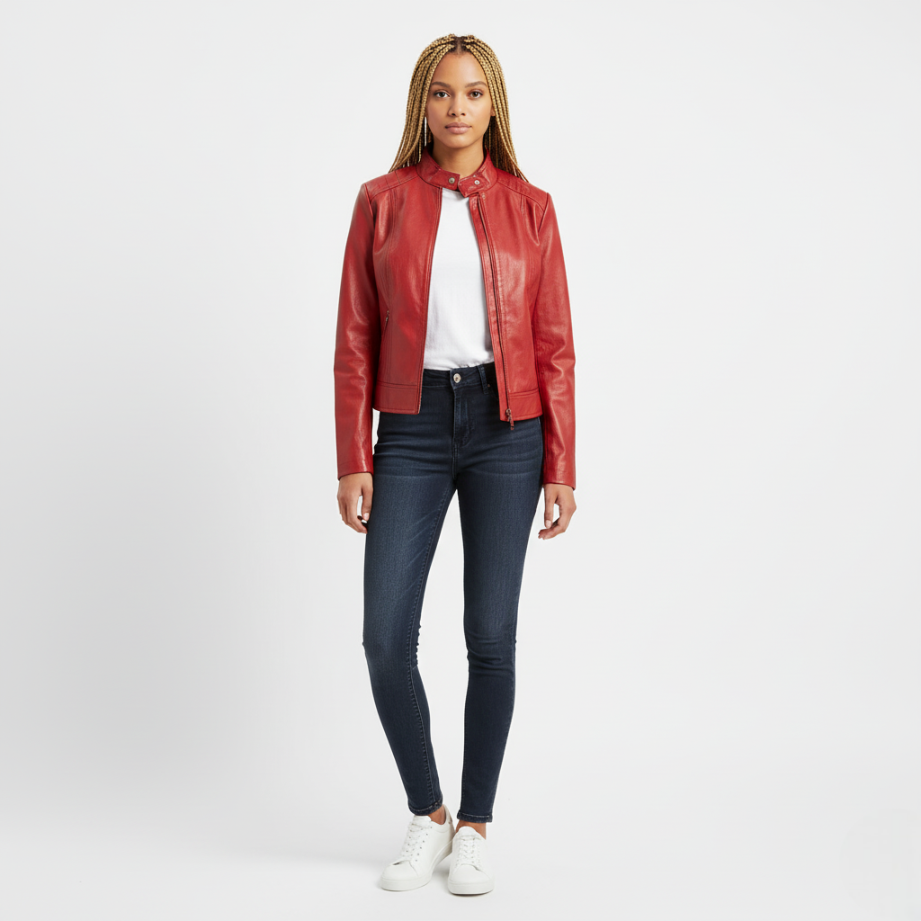 Women's PU Leather Jacket with Stand Collar