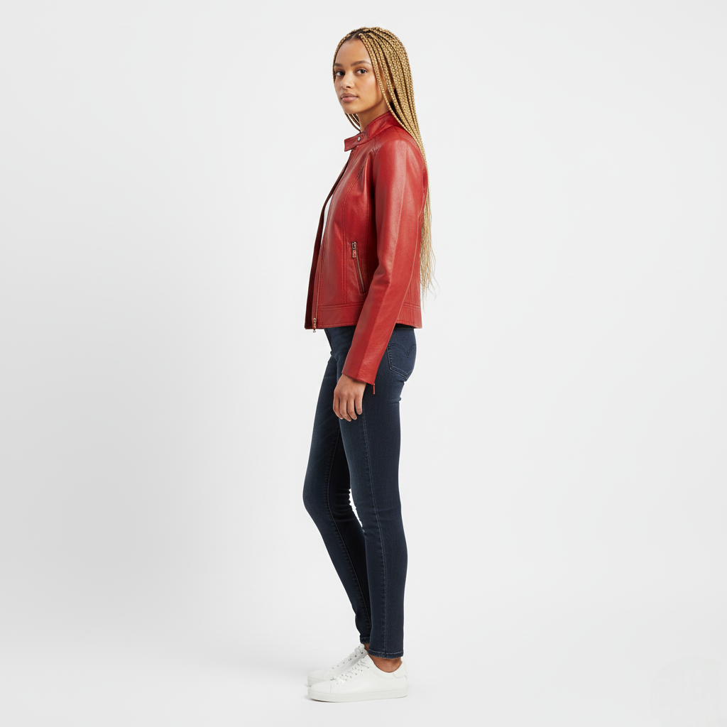 Women's PU Leather Jacket with Stand Collar